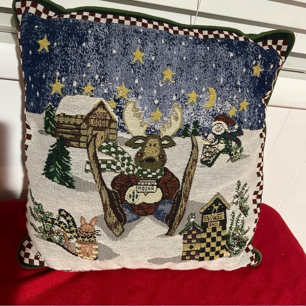 Holiday Moose Skiing Decorative Pillow